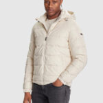 GUESS MENS MONOGRAM PUFFA JACKET BIEGE