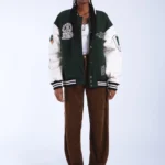 DRDENIM ANNIVARSITY JACKET GREEN PATCHED