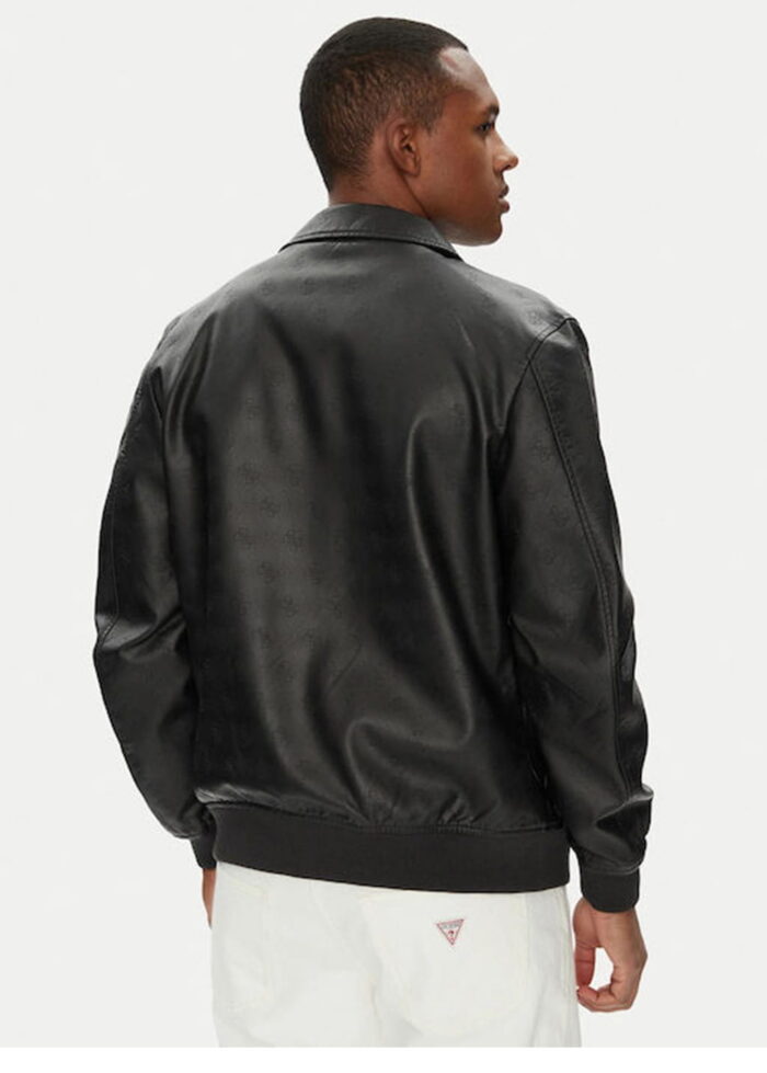 GUESS MENS LEATHER JACKET BLACK ALL OVER PRINT - Image 2
