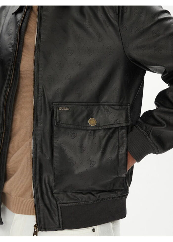 GUESS MENS LEATHER JACKET BLACK ALL OVER PRINT - Image 3