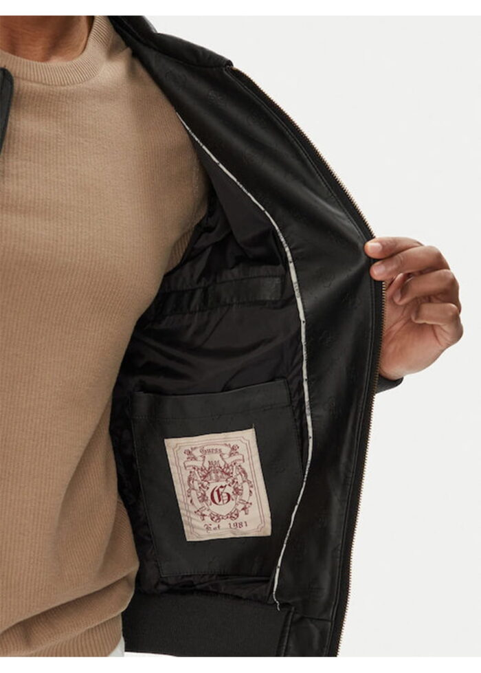 GUESS MENS LEATHER JACKET BLACK ALL OVER PRINT - Image 4