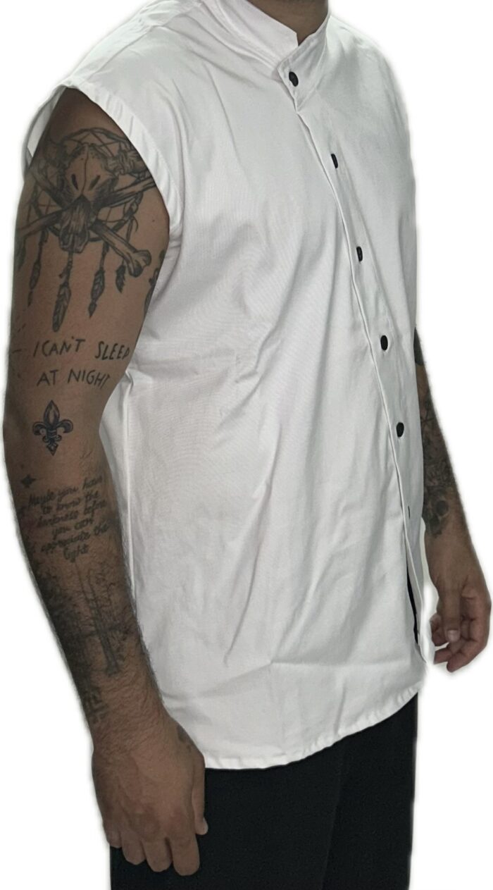 TWIN BLACK SLEEVELESS SHIRT WHITE SIDEWAYS BUTTONS - Image 2